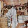 The painting "In the Kitchen" from the series Young Slavonian Women, explores the queer identity in the rural areas of the Balkan. 
The painting realistically depicts imaginary scenes from the life of young women, that might have happened but were not historically recorded and were not part of the collective memory.