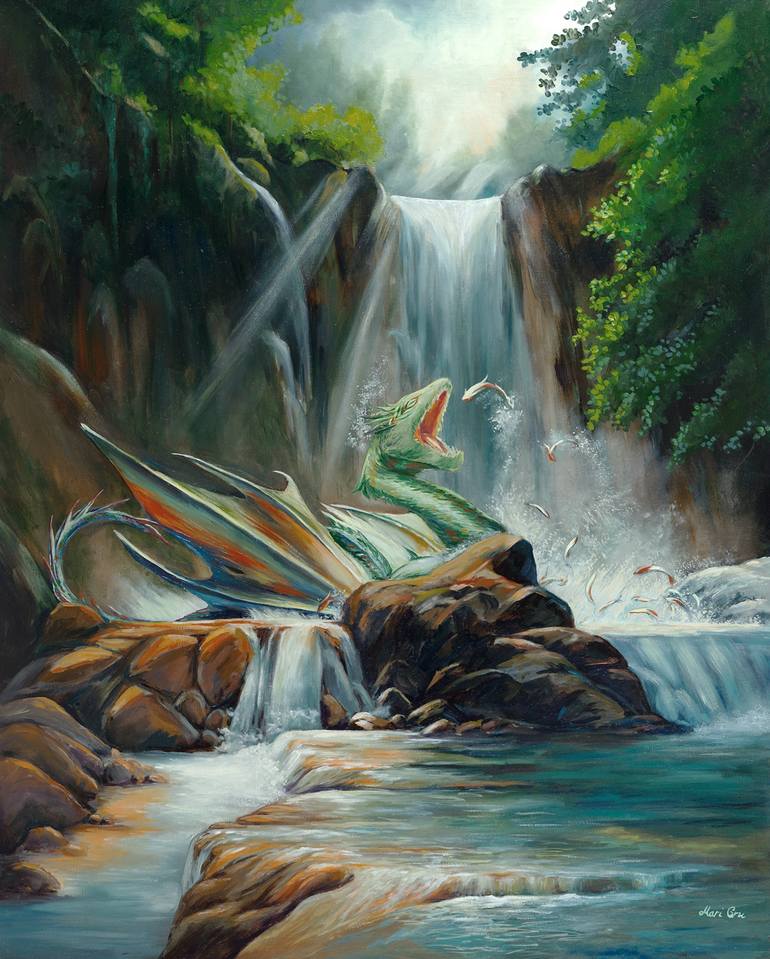 Landscape oil painting Fantasy dragon fishing 40 x 32