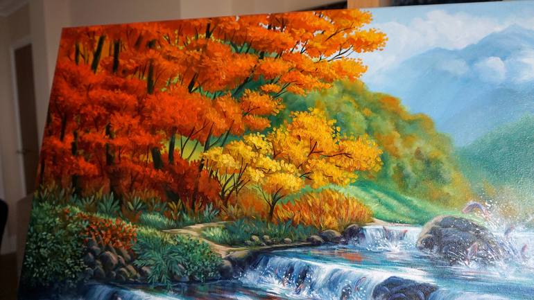 Landscape Art, Autumn River, Abstract Painting, Oil Painting, Modern A – Art  Painting Canvas