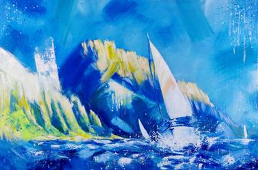 Oil Painting on Canvas 'Sailing yacht', Large Original Wall Art of seascape, Modern Hand Painted Home Decor for Living Room thumb