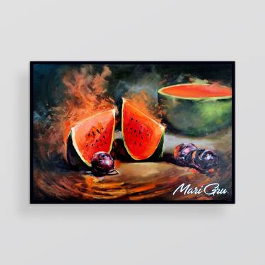 Watermelon Still life Painting Original Oil Art on canvas 30"x 20" thumb