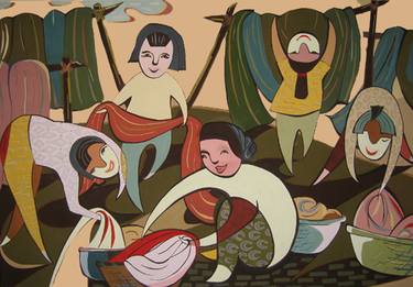 Original Art Deco Family Paintings by Phung Wang