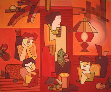 Original Art Deco Family Paintings by Phung Wang