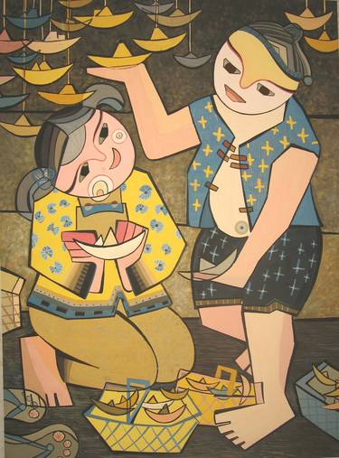 Original Art Deco Children Paintings by Phung Wang
