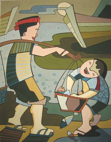 Original Art Deco Children Paintings by Phung Wang