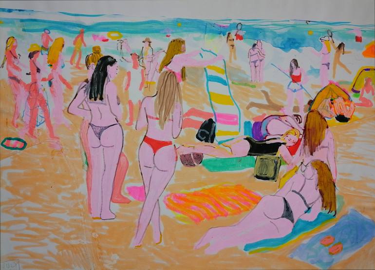 Original Figurative Beach Drawing by juris libeks