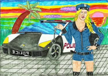 Dangerous and horny policewoman with a police car lamborghini reventon next to the beach at the sunset thumb