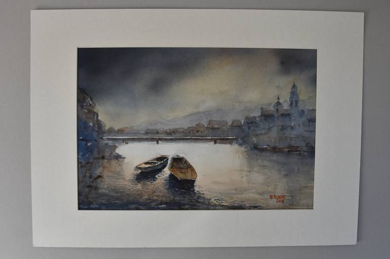 Original Impressionism Boat Painting by Milos Petkovic