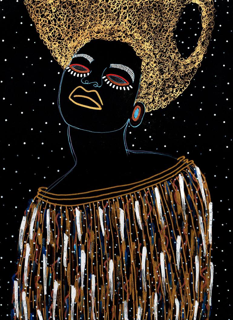 Caribbean Galaxy - Gold Fro Drawing by Yermine Richardson | Saatchi Art