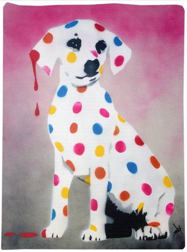 Damien's dotty, spotty, puppy dawg (pink-watercolour paper). thumb