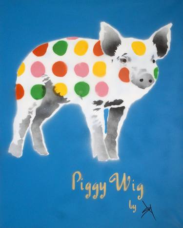 Piggy Wig (blue) with FREE poem! (On canvas). thumb