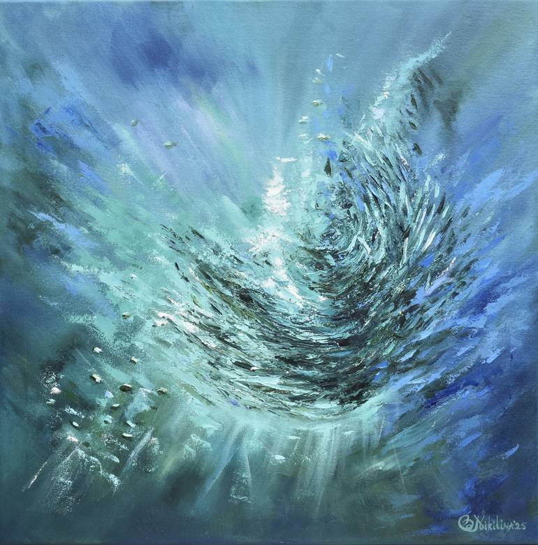 Original Ocean Painting by Olga Nikitina | Abstract Expressionism Art on Canvas | School of fish Sardine Run