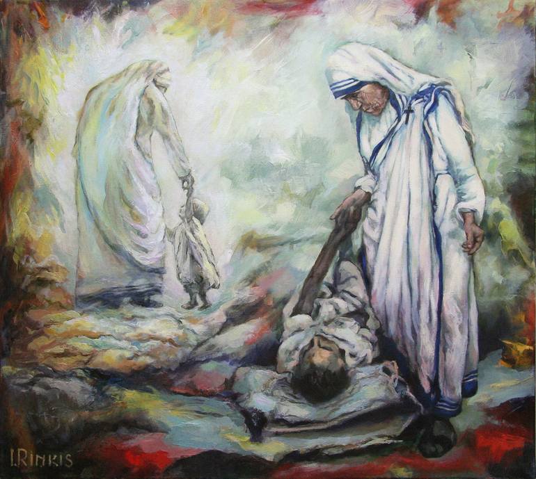 Original People Painting by Ilgonis Rinkis | Expressionism Art on Canvas | MOTHER THERESA OF CALCUTTA