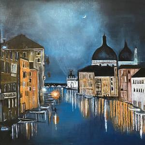 Night Venice Cityscape - Original Oil Painting 50x40 cm- Italy