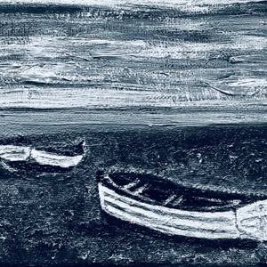 Two Boats on Aldeburgh Beach – Black & White Minimalistic Art