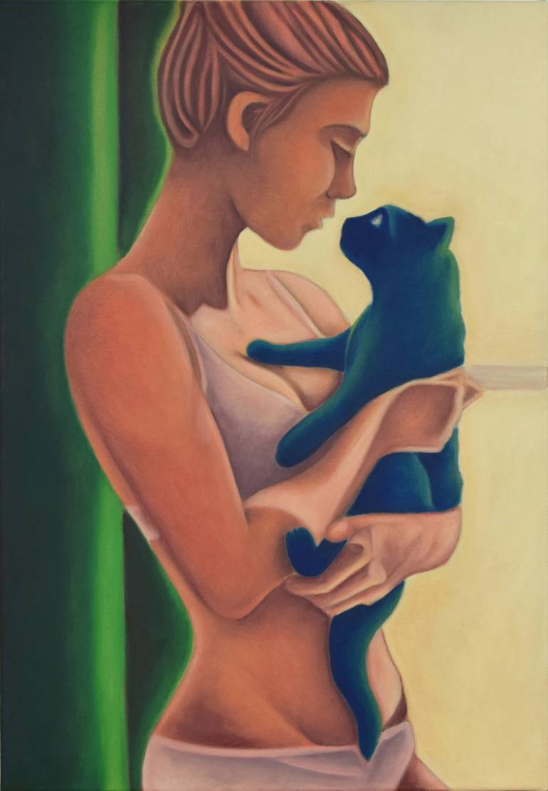 la vie color e woman with blue cat Painting by Mike Wosnitzka