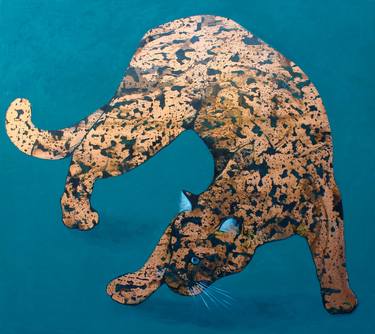 Leopard- oil and copper-leaf painting by Alexandra Brown thumb