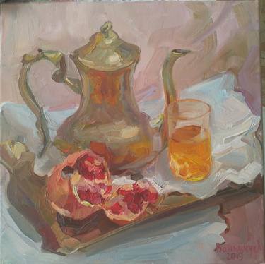 Still life with a metal kettle and pomegranate thumb