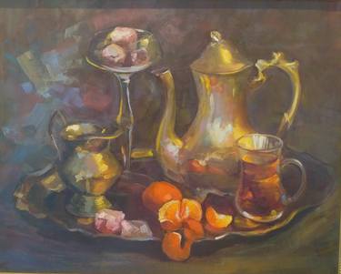 Still life with metal dishes and tangerines thumb