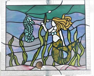 STAINED GLASS UNDERWATER SCENE MERMAID & SEAHORSE WITH SEASHELL thumb