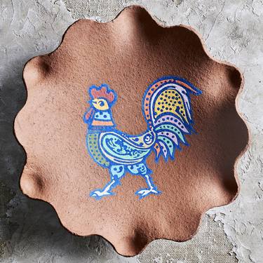 Colorful rooster on red stone ceramic bowl thumb