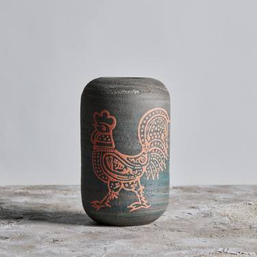 Orange rooster on a dark green vase thumb