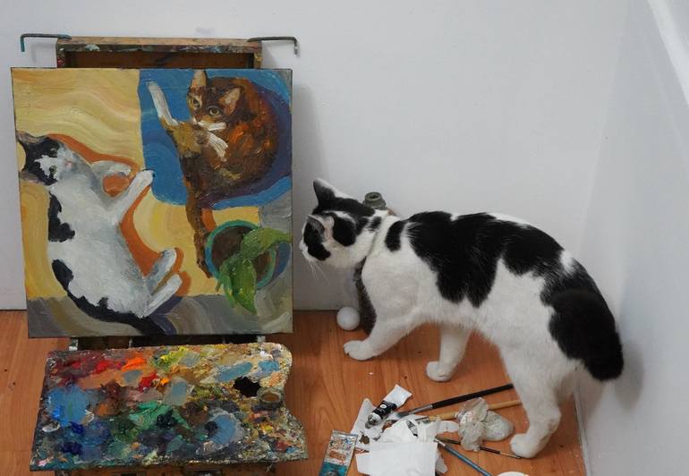 Original Impressionism Cats Painting by Busuioc Elena