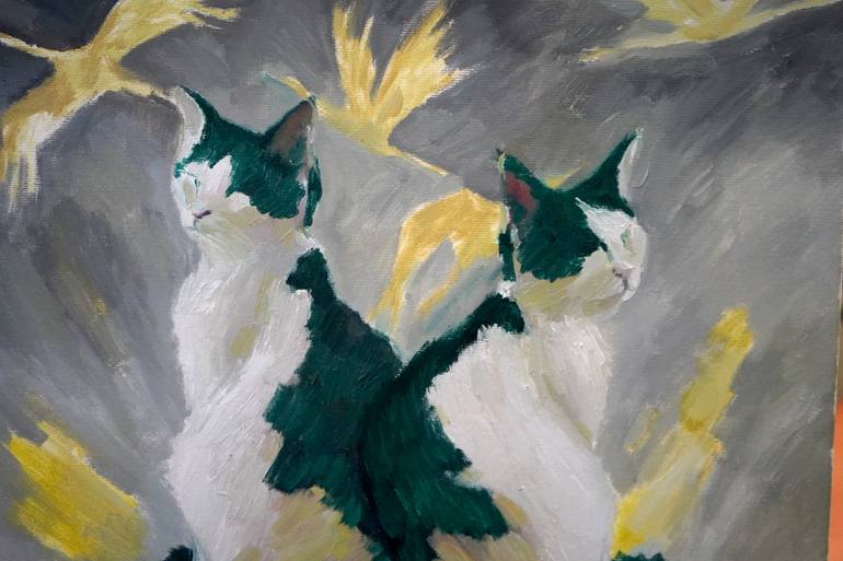 Original Impressionism Cats Painting by Busuioc Elena