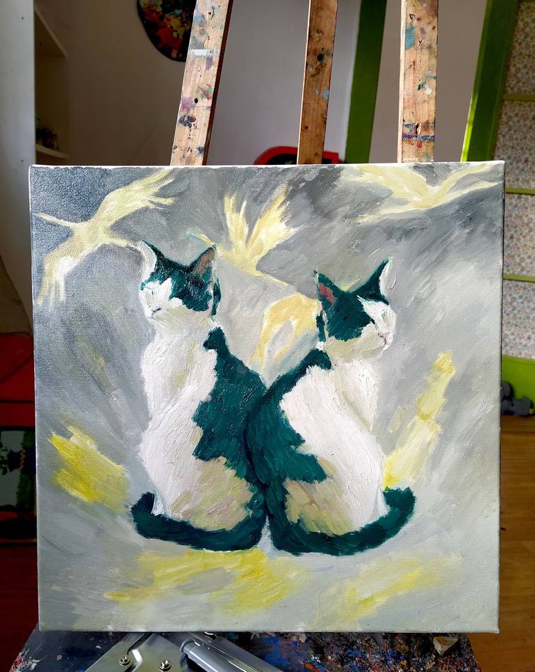 Original Impressionism Cats Painting by Busuioc Elena