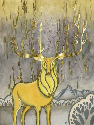 Golden deer, yellow deer on gray backgraund, gold leaf thumb