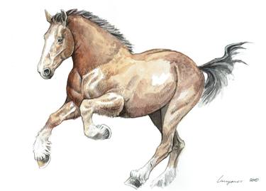 Draft horse galloping. Pencil and watercolor illustration. thumb