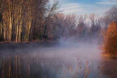 Morning fog at sunrise on the river Sile thumb