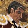 A bullfighter and his bull in acrylics.
This tradition has been one of our world cultures since early 1700. I'm not a fan of this culture but I've always been fascinated by The lives of the Matadors. 
As Ernest Hemingway put it, the only art in which the artist is in danger of death and in which the degree of brilliance in the performance is left to the fighter’s honor” in Death in the Afternoon.