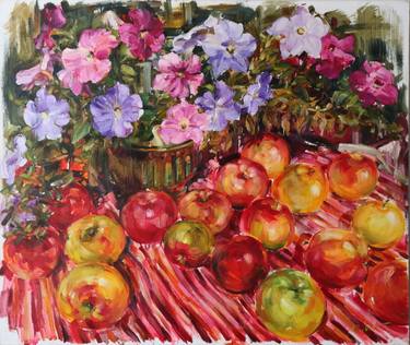 Petunias and apples on a striped scarf. thumb