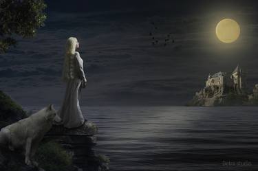A girl and her white wolf in the moonlight thumb