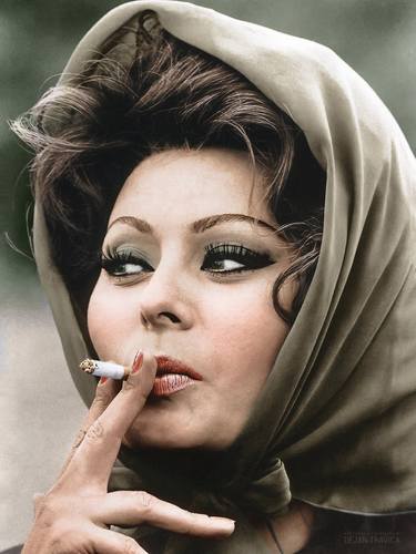 Gorgeous Sophia Loren with a headscarf smoking a cigarette. Colorized thumb