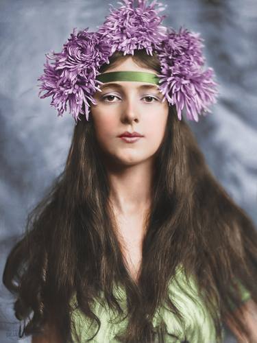 Evelyn Nesbit with Chrysanthemums on her head 1901- Colorized thumb