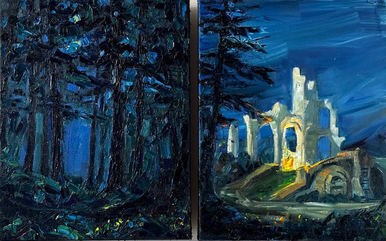 Original Architecture Painting by Ustinia Shlykova | Impressionism Art on Canvas | Gothic Moonlight Ruin and Forest