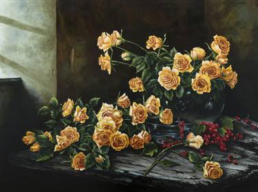 Still life with yellow roses and red currants thumb