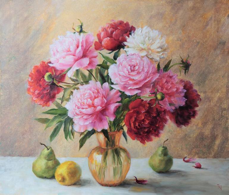 Still life with pears and peonies Painting by Tatiana Chepkasova ...