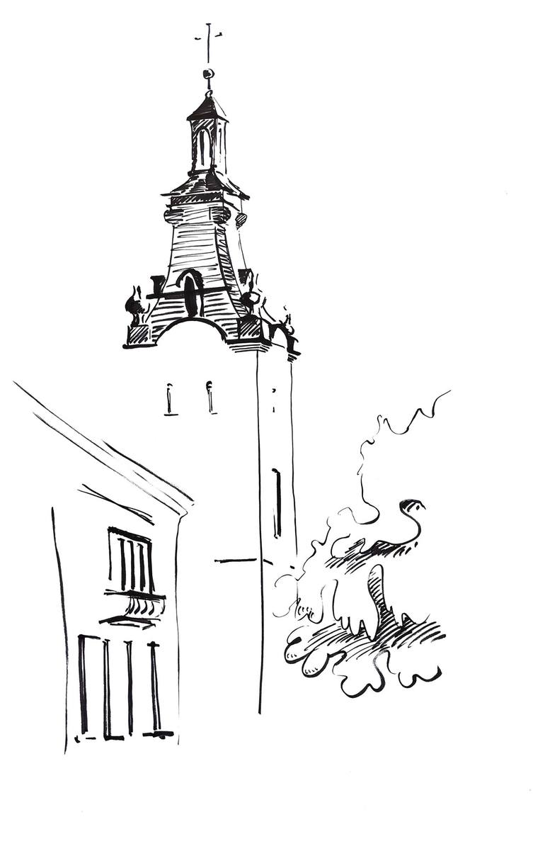 The bell tower of the cathedral Drawing by Olha Andreichyn Saatchi Art