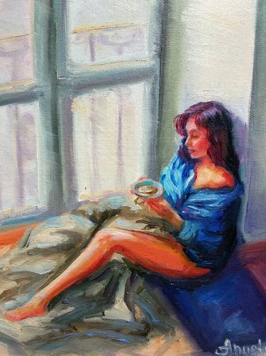Woman Portrait Beautiful Girl Cup Of Coffee Window Sunshine Blue White Lockdown Rules thumb