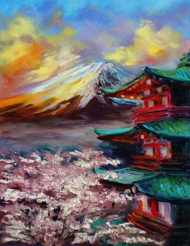 Sunset Landscape with Mountains Sakura Blossom Cherry Trees Japanese Art Fuji Mount thumb