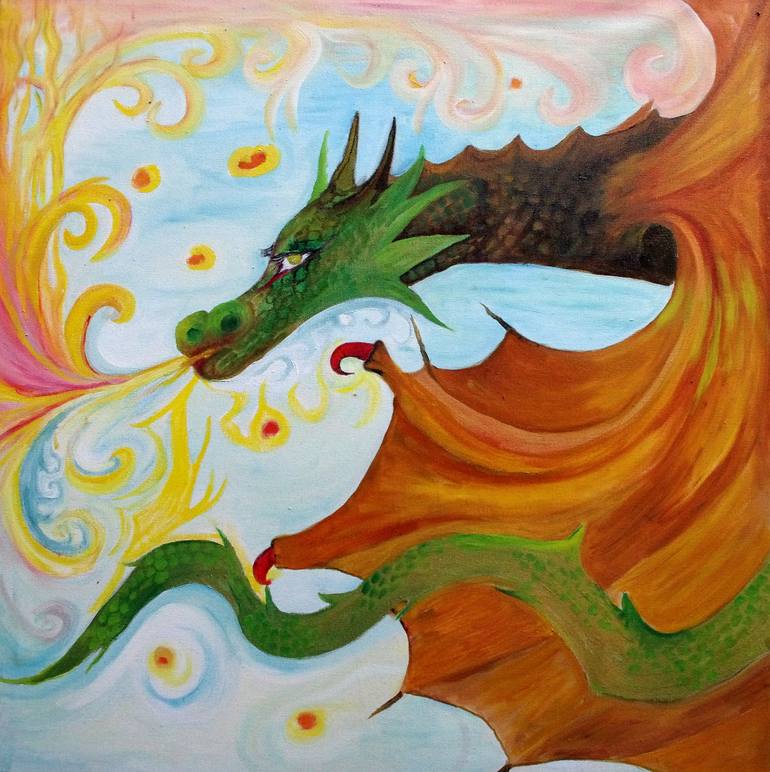 Fire Breathing Dragon Oil on Canvas Painting by Wendy Kay | Saatchi Art