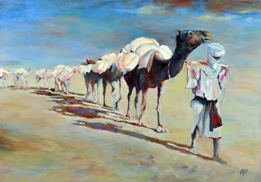 Through time - oil painting, camels, caravan, painting for a gift, desert thumb