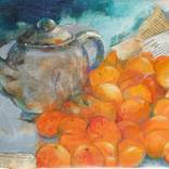 STILL LIFE WITH APRICOTS AND TEAPOT- orange and turquese - home office gift idea by Valentina Gaychuk