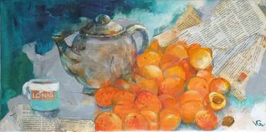 STILL LIFE WITH APRICOTS AND TEAPOT- orange and turquese - home office gift idea thumb