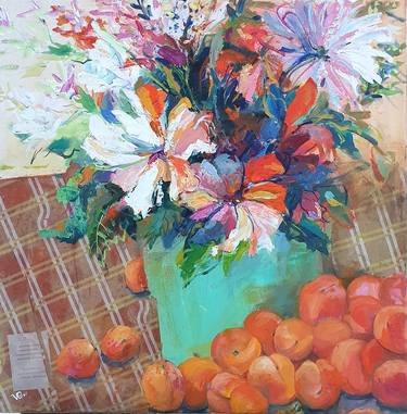 STILL LIFE WITH FLOWERS AND APRICOTS - gift idea best still life for home office orange thumb
