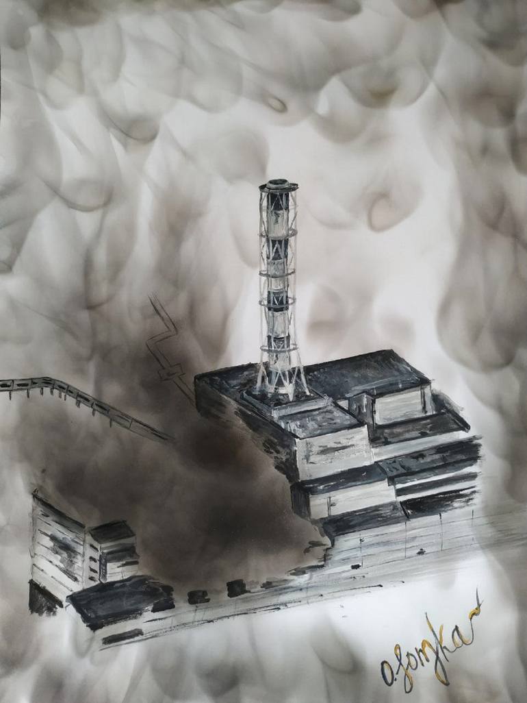 Chernobyl view from a helicopter after the explosion Drawing by Olga