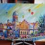 View from the balcony to the old town. City landscape. Painting "Festive city" is a great gift for friends and family members. This painting will give you a mood and joy. This work of art will decorate your home, apartment, office. The size of this painting is 19.68x27.55 inches (50x70 cm). The painting was made by me famous Ukrainian artist Ryzhkov Oleg in October 2018. Payment PayPal.